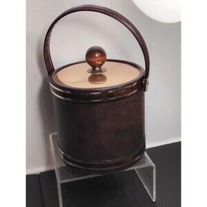 MCM Kraftware Ice Bucket Brown Leather Look Gold Ice Bucket Vintage Barware
